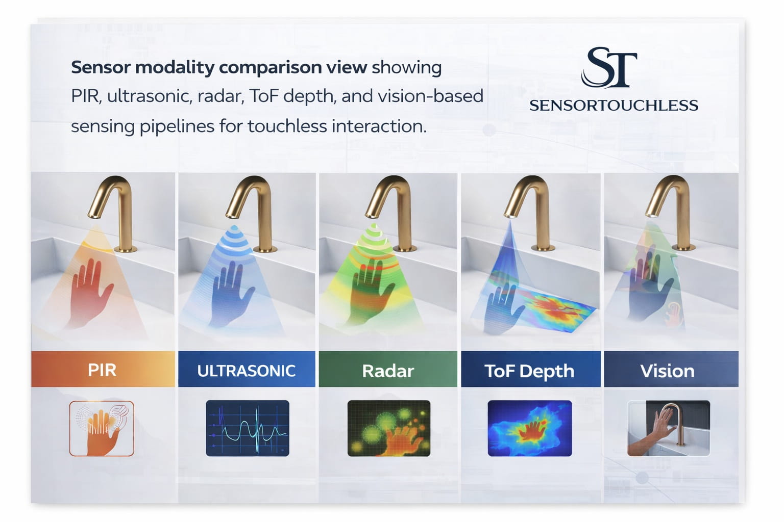 Sensor modality comparison view showing PIR, ultrasonic, radar, ToF depth, and vision-based sensing pipelines for touchless interaction.