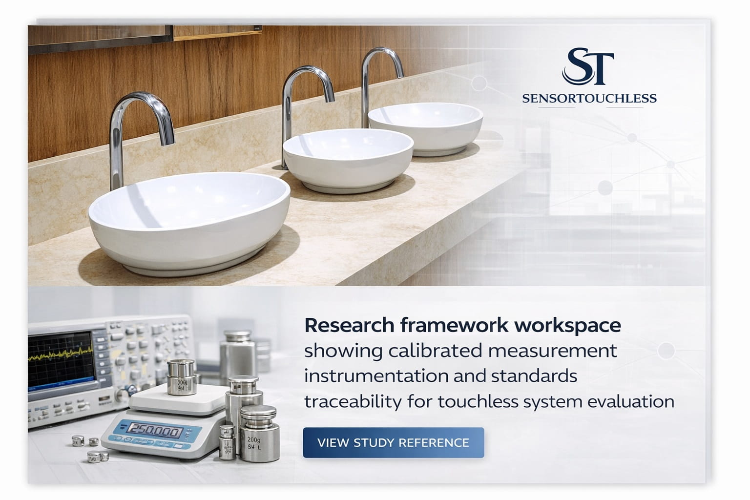Research framework workspace showing calibrated measurement instrumentation and standards traceability for touchless system evaluation.