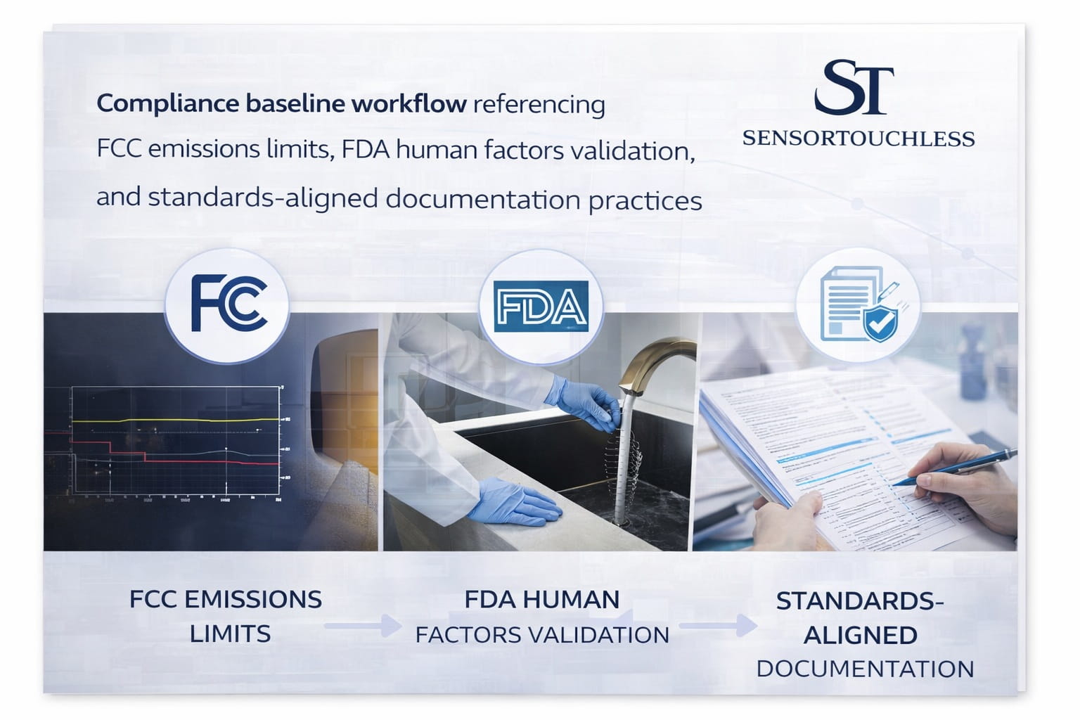 Compliance baseline workflow referencing FCC emissions limits, FDA human factors validation, and standards-aligned documentation practices.