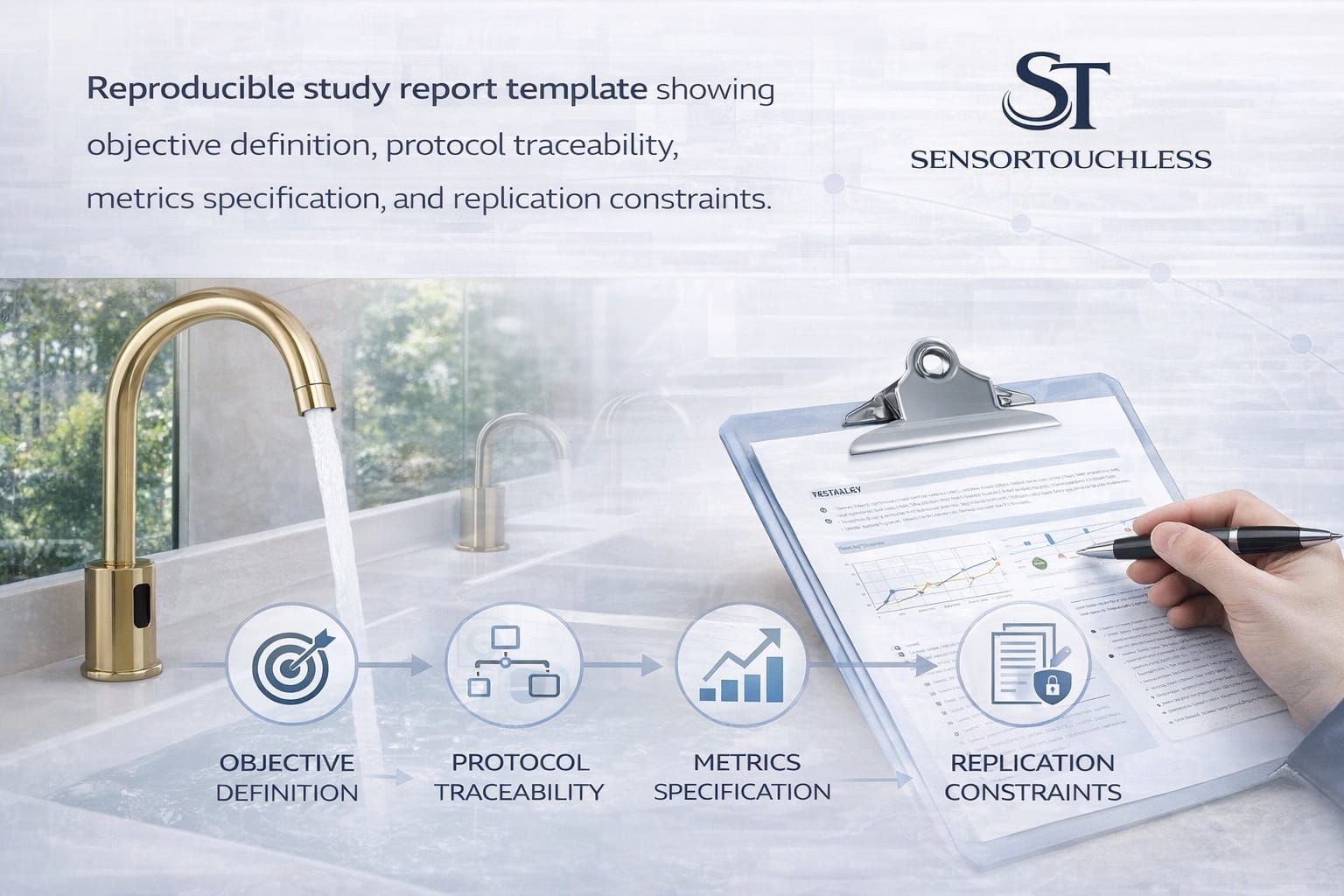 Reproducible study report template showing objective definition, protocol traceability, metrics specification, and replication constraints.