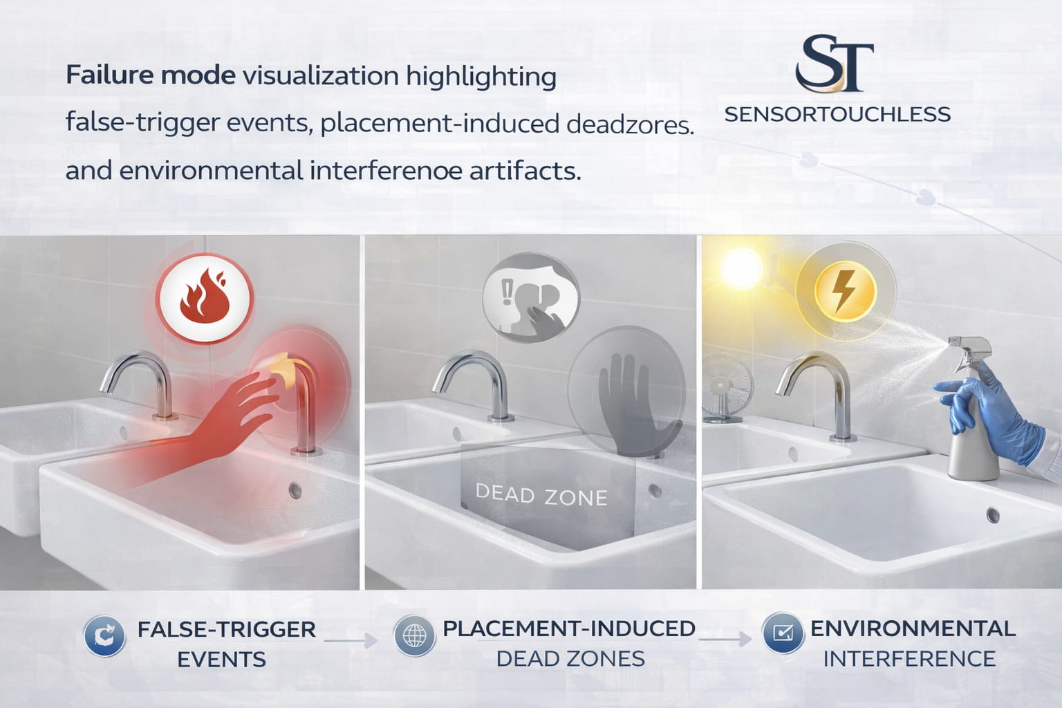 Failure mode visualization highlighting false-trigger events, placement-induced dead zones, and environmental interference artifacts.