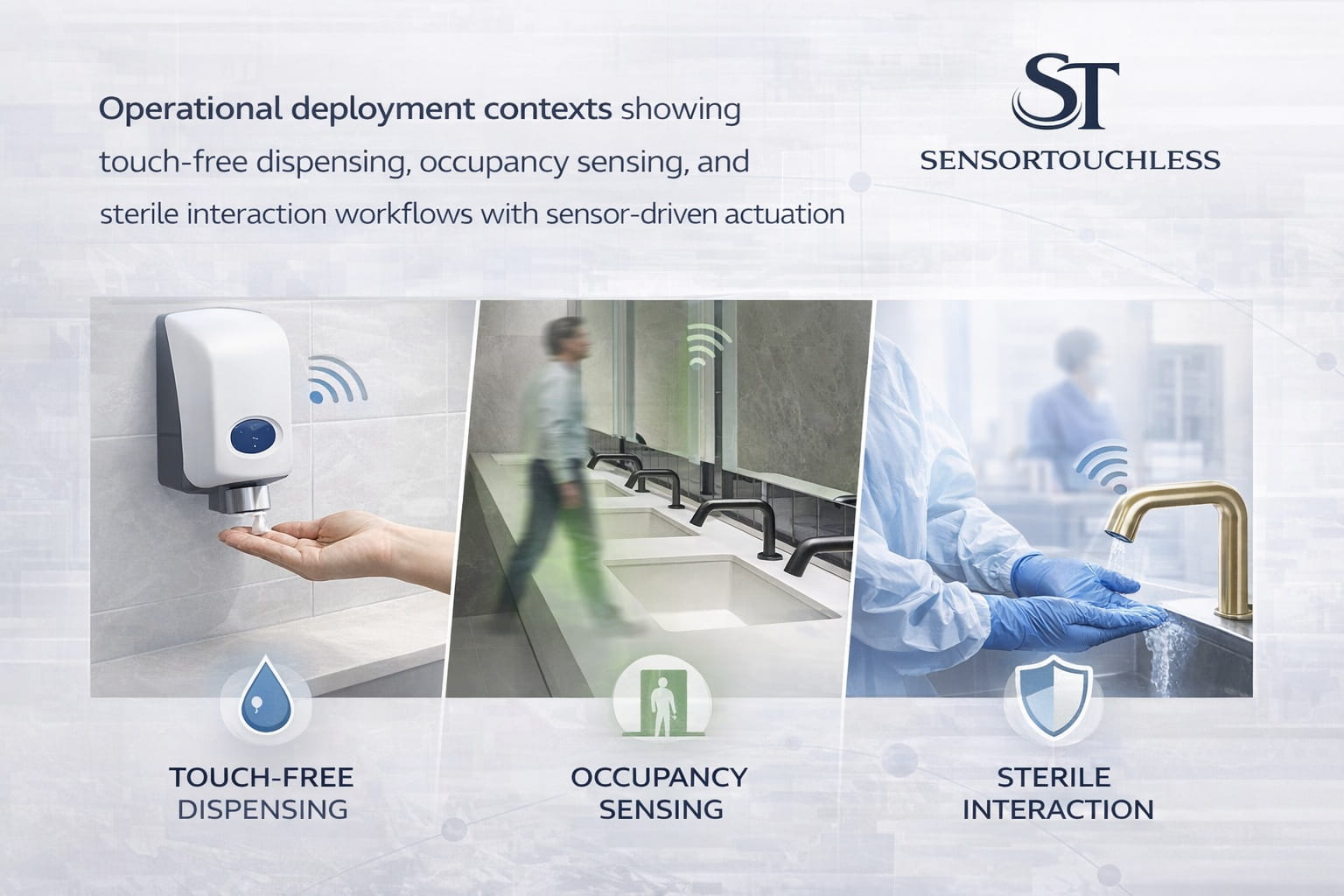 Operational deployment contexts showing touch-free dispensing, occupancy sensing, and sterile interaction workflows with sensor-driven actuation.