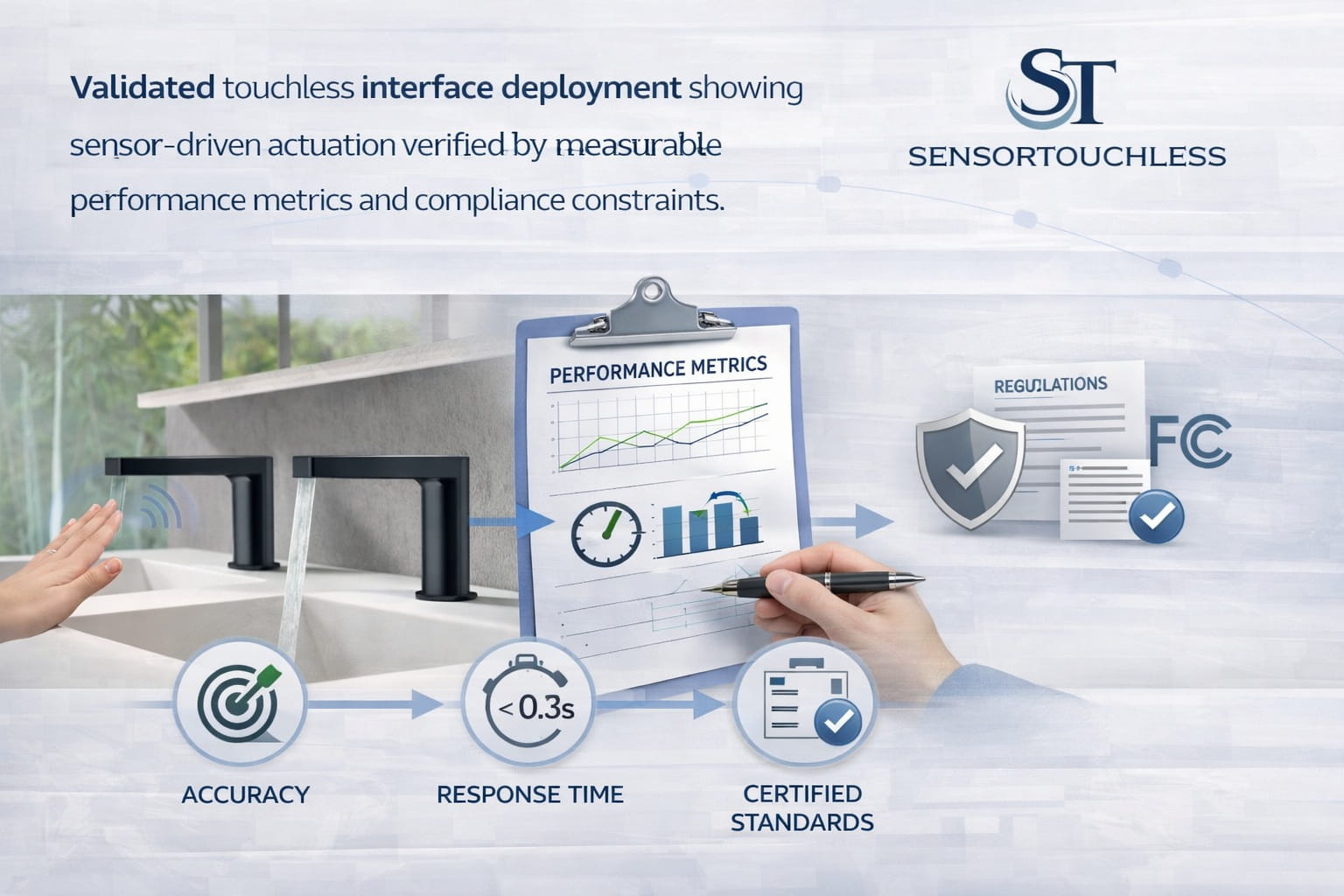 Validated touchless interface deployment showing sensor-driven actuation verified by measurable performance metrics and compliance constraints.
