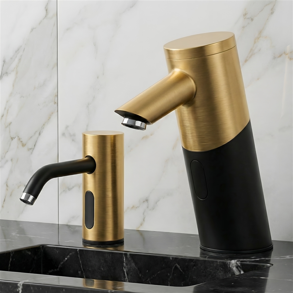 Touchless faucet system in a high-traffic airport restroom with modern sink stations