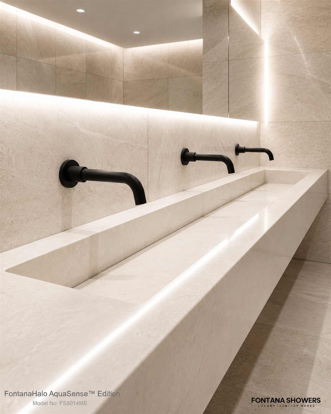 Commercial restroom with standardized fixtures across multiple stations