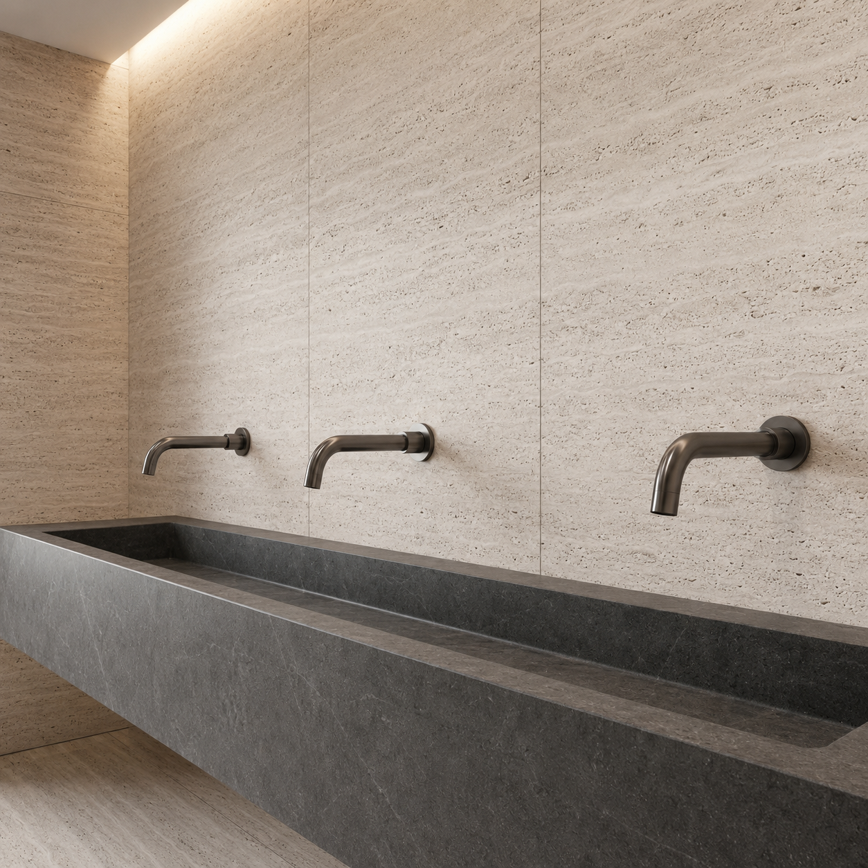 Touchless faucet system in a high-traffic airport restroom with modern sink stations