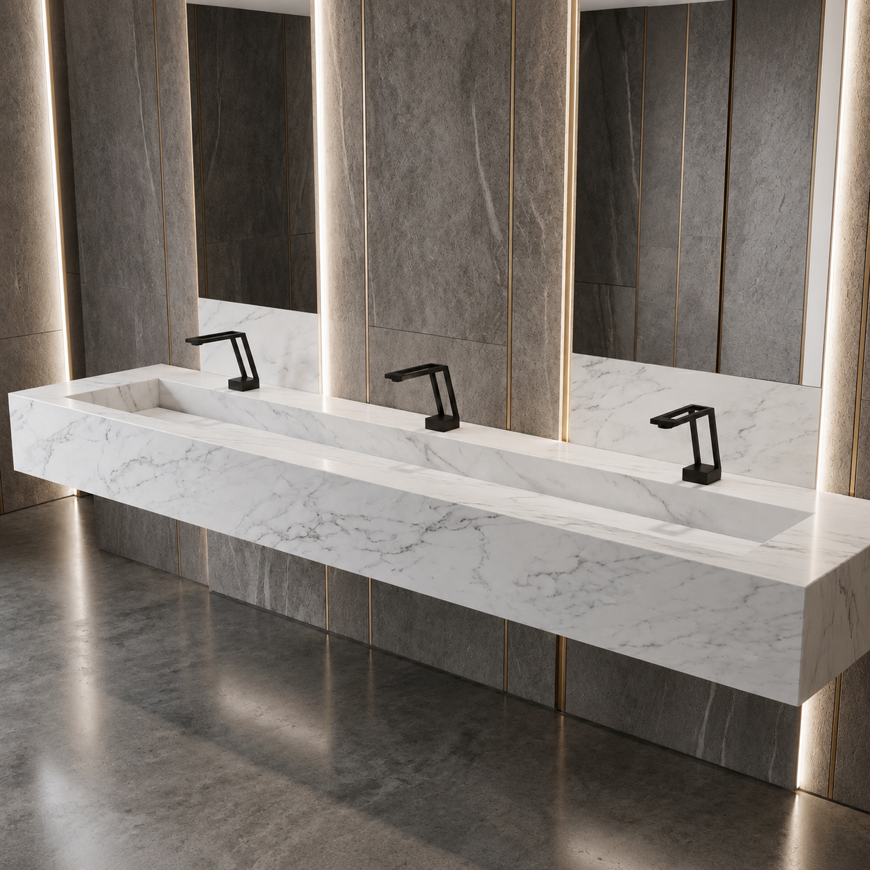 Commercial touchless faucet installation in a healthcare or government facility restroom