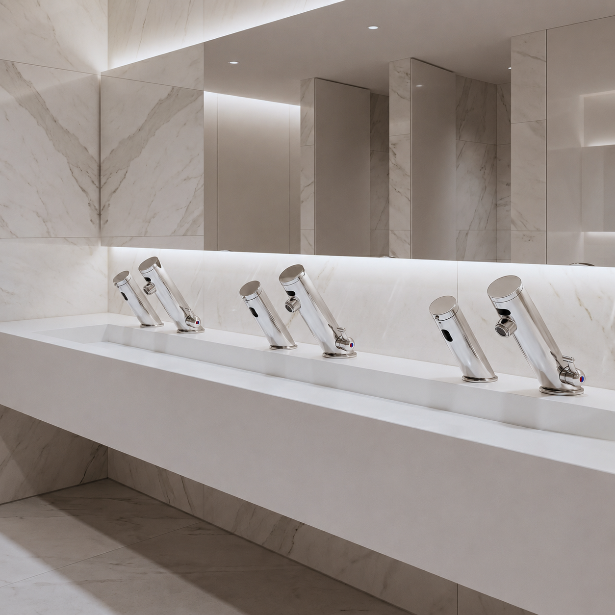 Chrome sensor-activated faucets installed along a commercial restroom washbasin