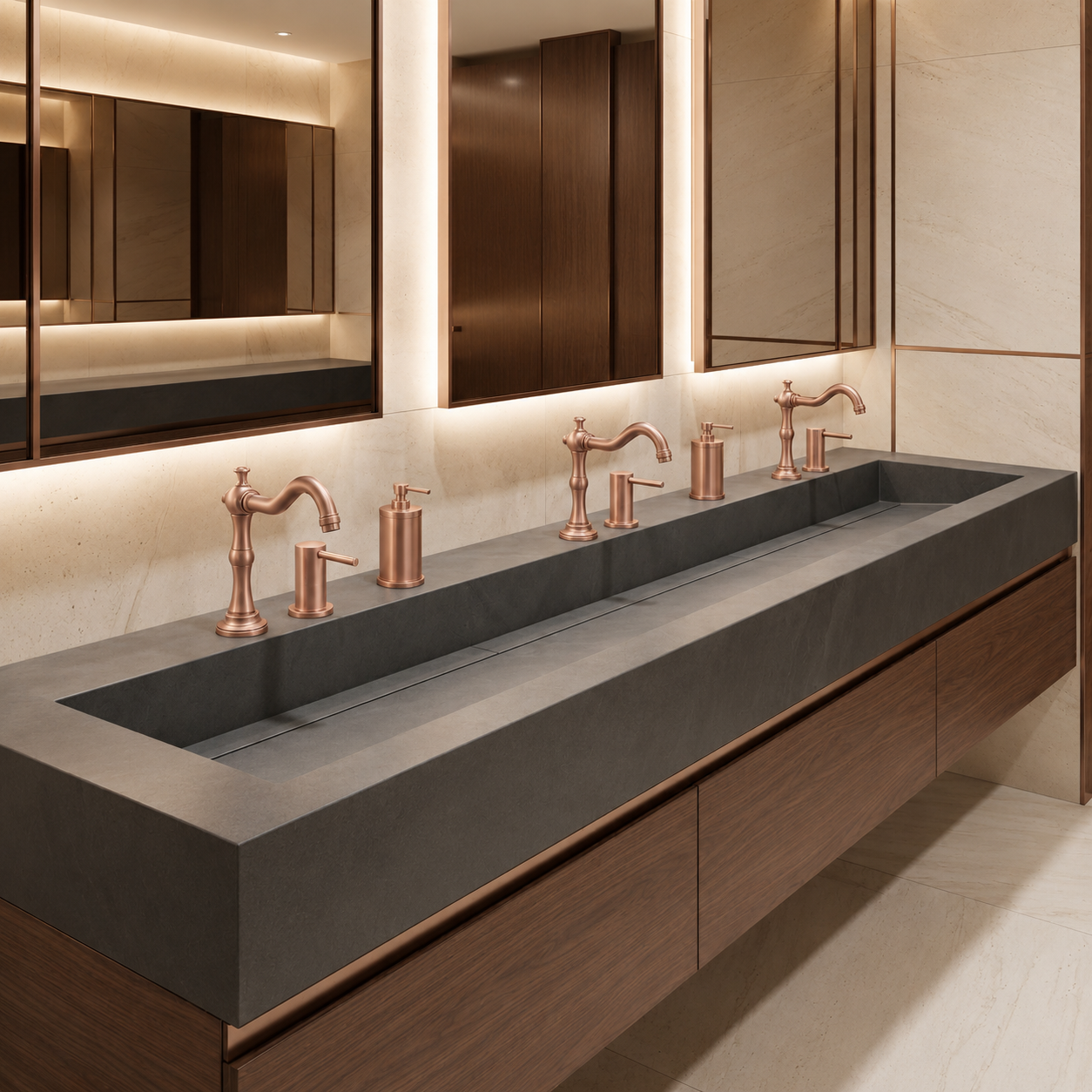 Brushed gold wall-mounted touchless faucets installed above commercial restroom basins