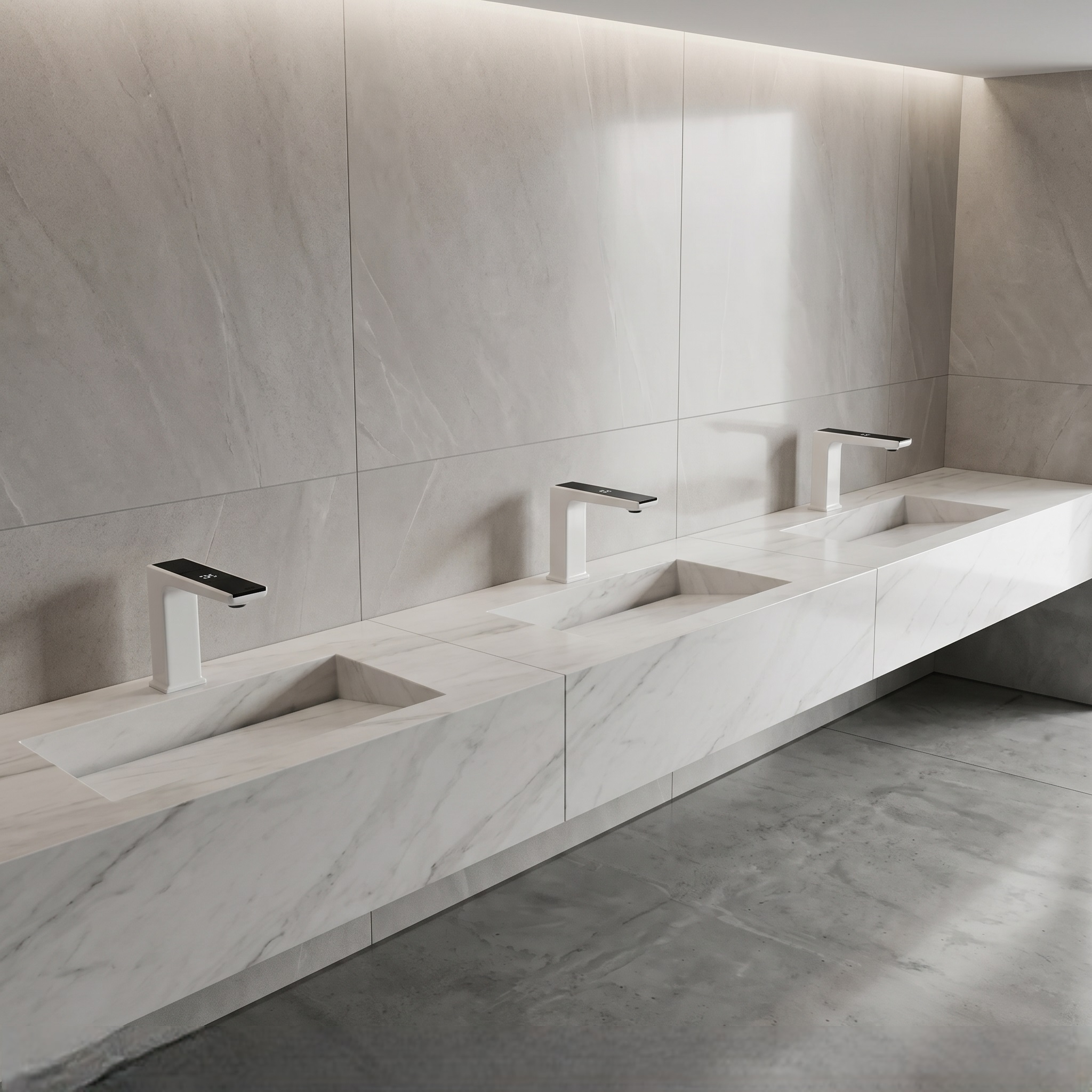 High-traffic commercial restroom with coordinated touchless faucet systems