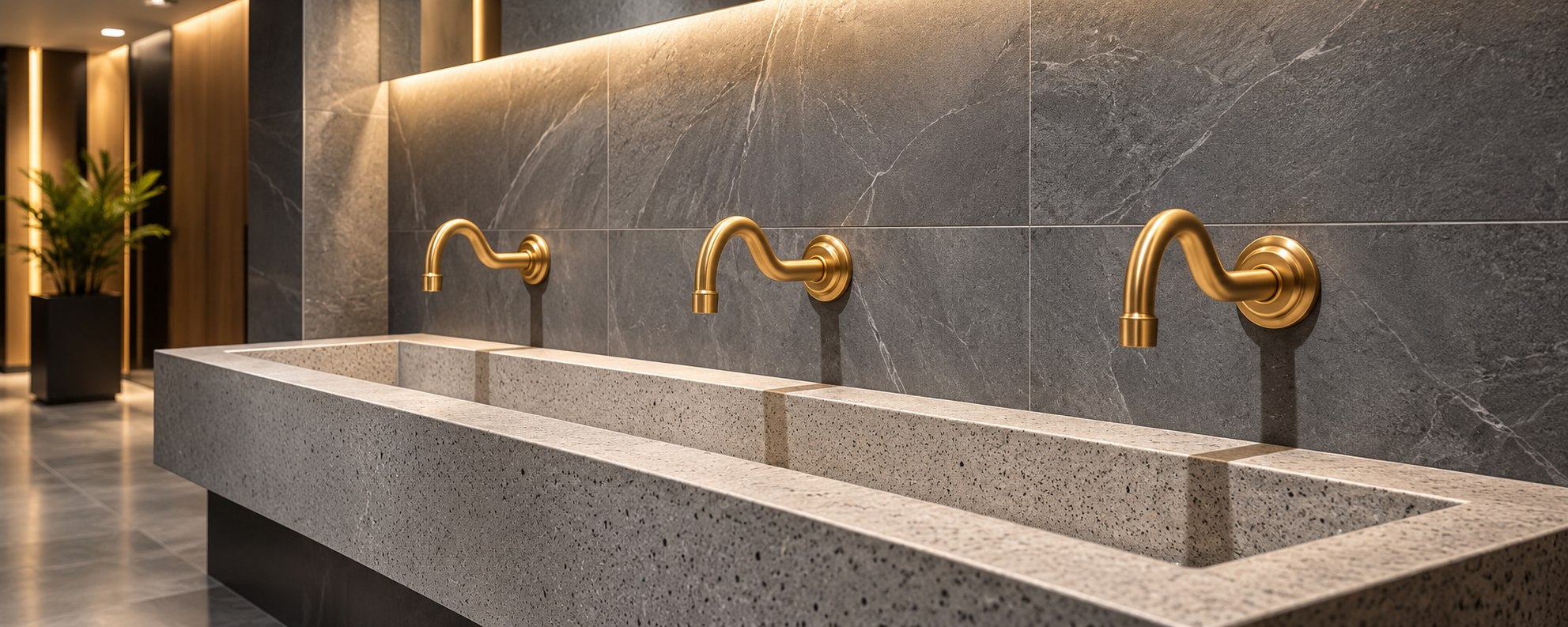 Commercial restroom environment illustrating touchless fixture planning and MEP coordination