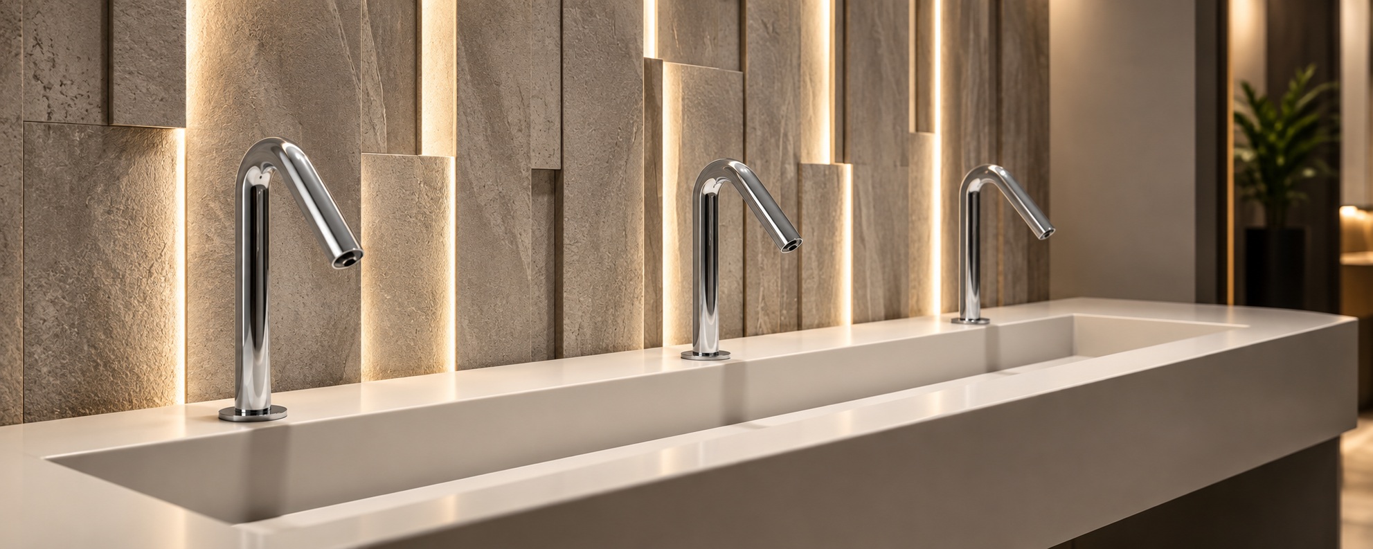 Modern commercial restroom with touchless faucets for sensor technology research